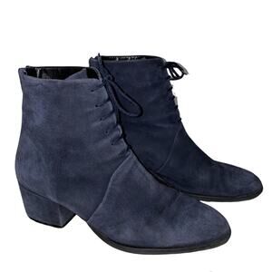 Sesto Meucci Navy Suede Lace-Up Ankle Boots Block Heel Italian Leather 7.5